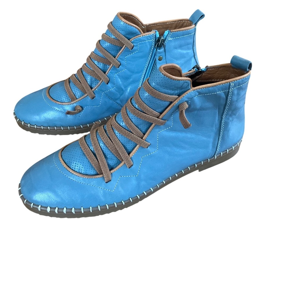 Biza Leather Ankle Boots Women 40 Blue Side Zip Lace Up Comfort  Stitch